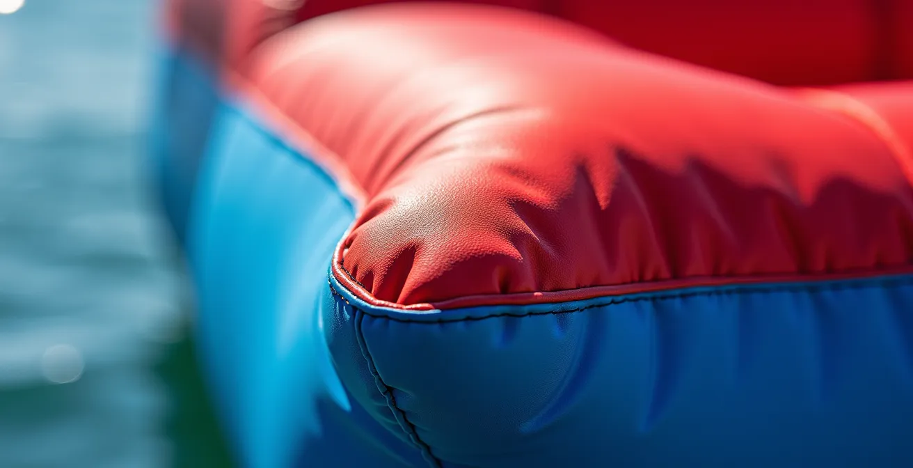 Détail macro de la texture et des coutures d'un gonflable sportif coloré