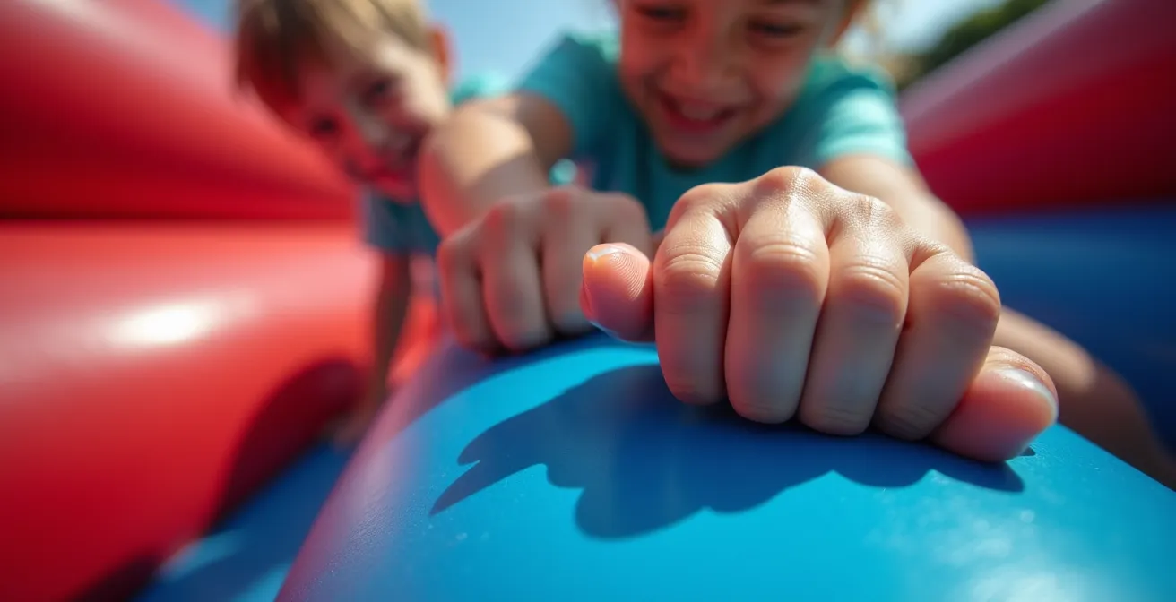 Gros plan sur les mains d'enfants s'agrippant à un obstacle gonflable coloré