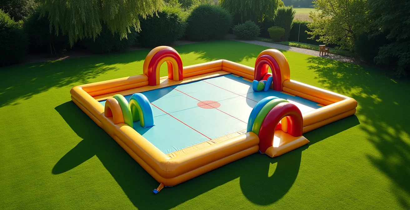 Vue aérienne d'une structure gonflable multi-sports dans un jardin ensoleillé